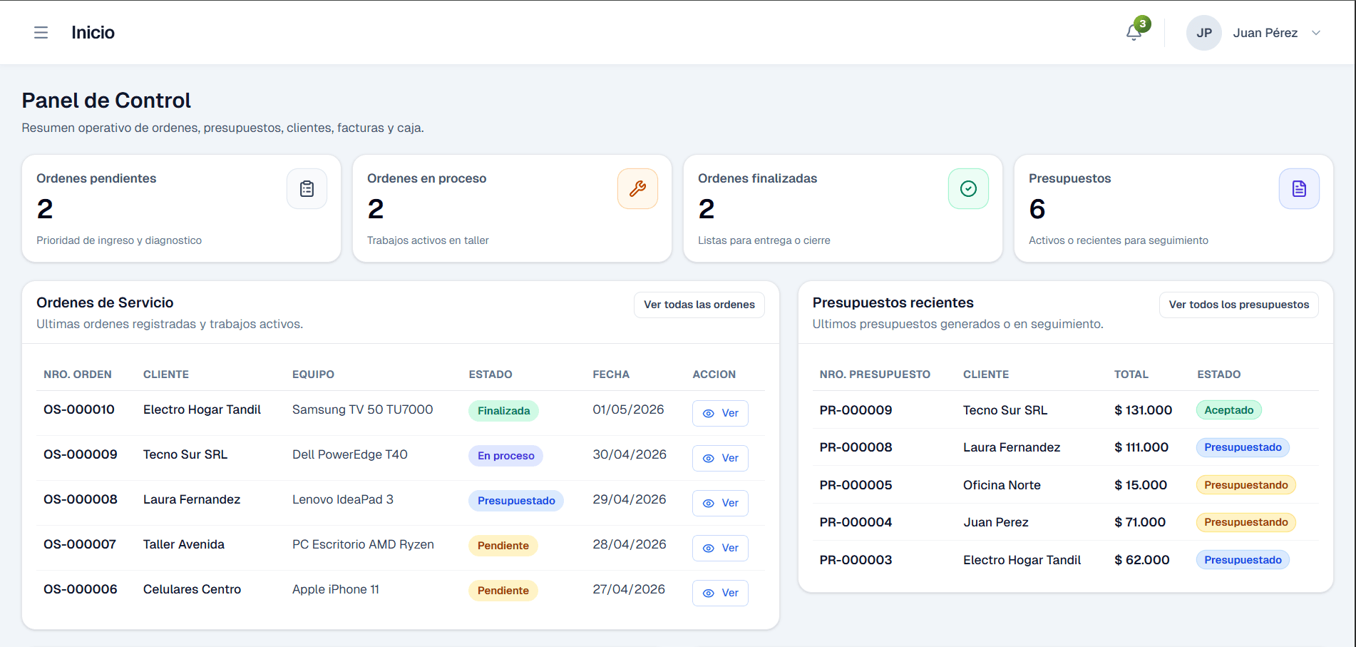Vista del panel de Service Soft con órdenes de servicio y presupuestos recientes