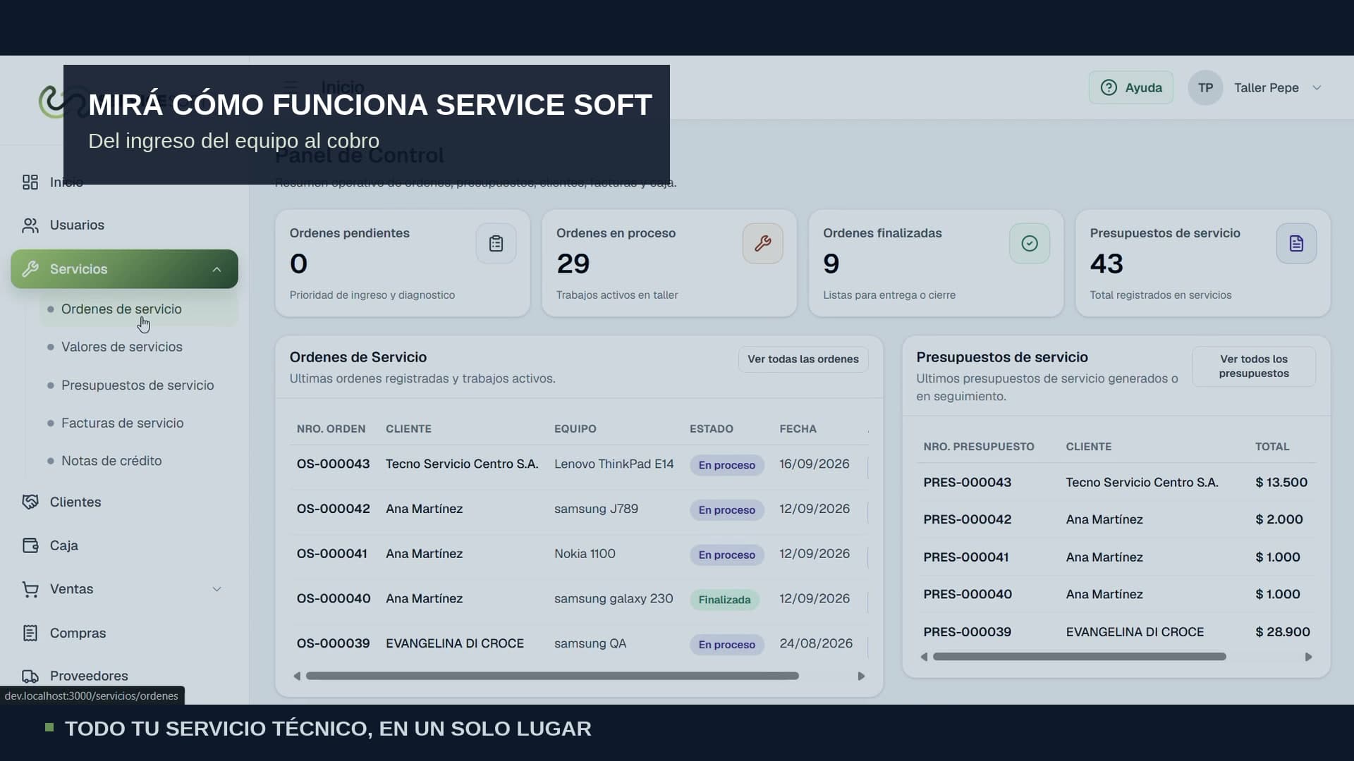 Vista del panel de Service Soft con órdenes de servicio y presupuestos