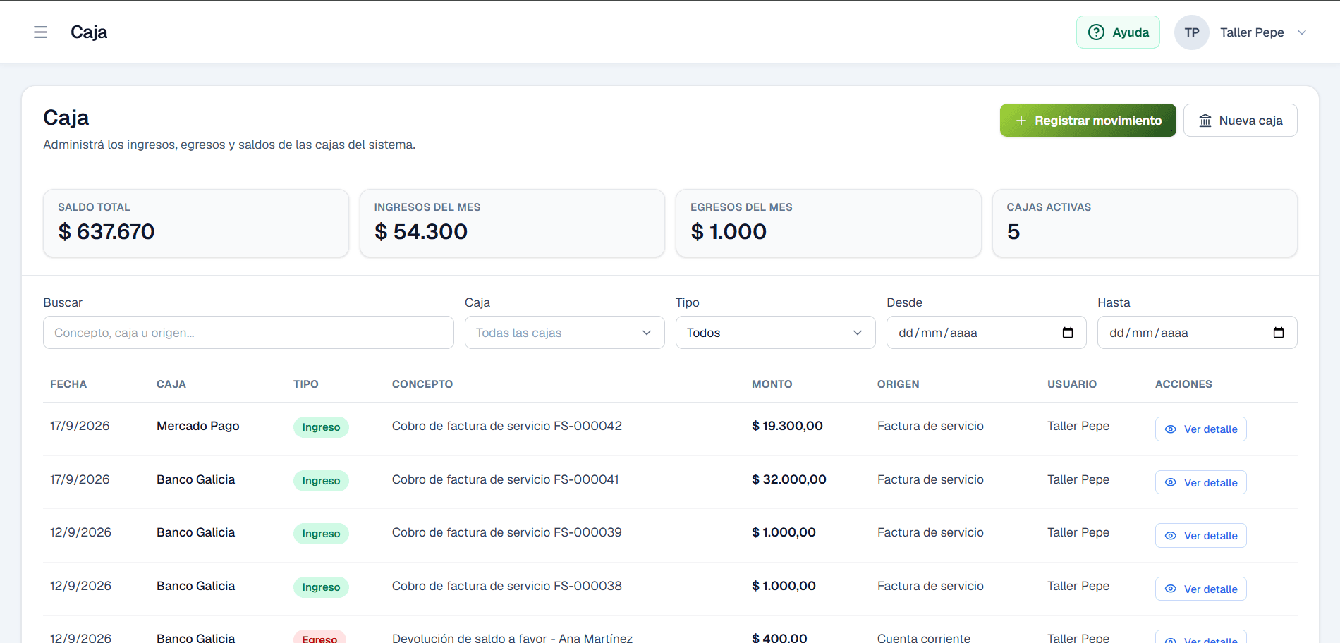 Caja con Mercado Pago, tipo Ingreso, cobro de factura de servicio y monto de $19.300