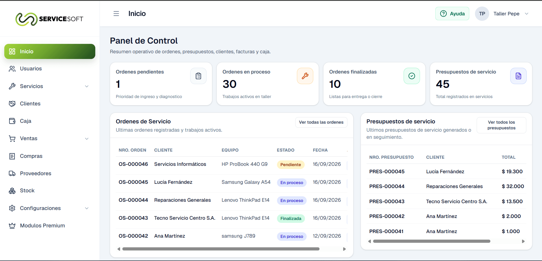 Panel de control de Service Soft con órdenes, presupuestos, clientes y caja