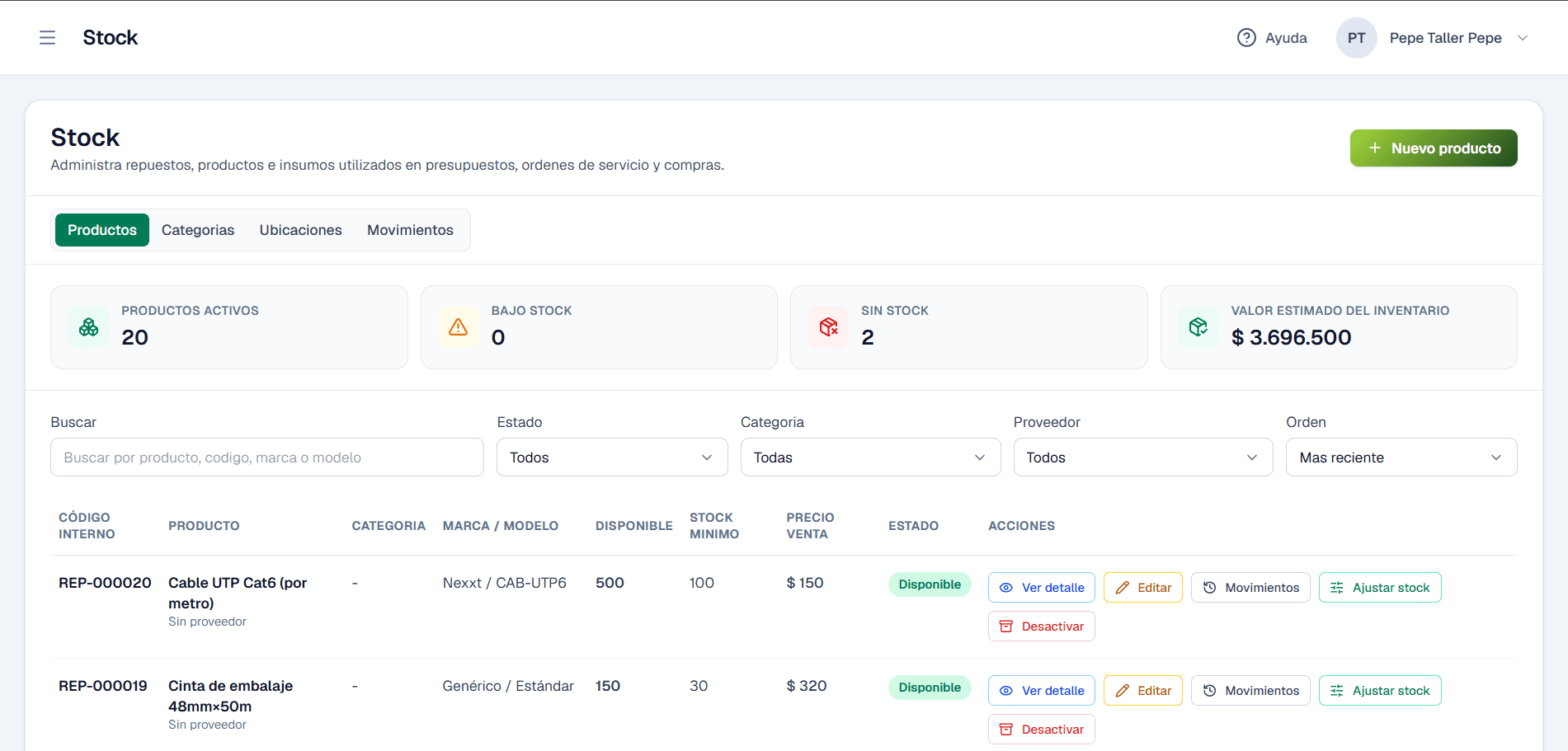 Control de stock y repuestos en Service Soft